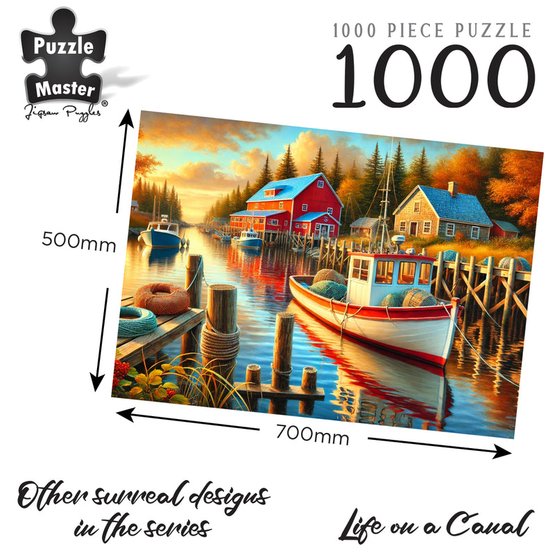 Load image into Gallery viewer, Graphic of the Puzzle Master 1000-piece Life on a Canal jigsaw puzzle with dimensions of 700mm by 500mm.