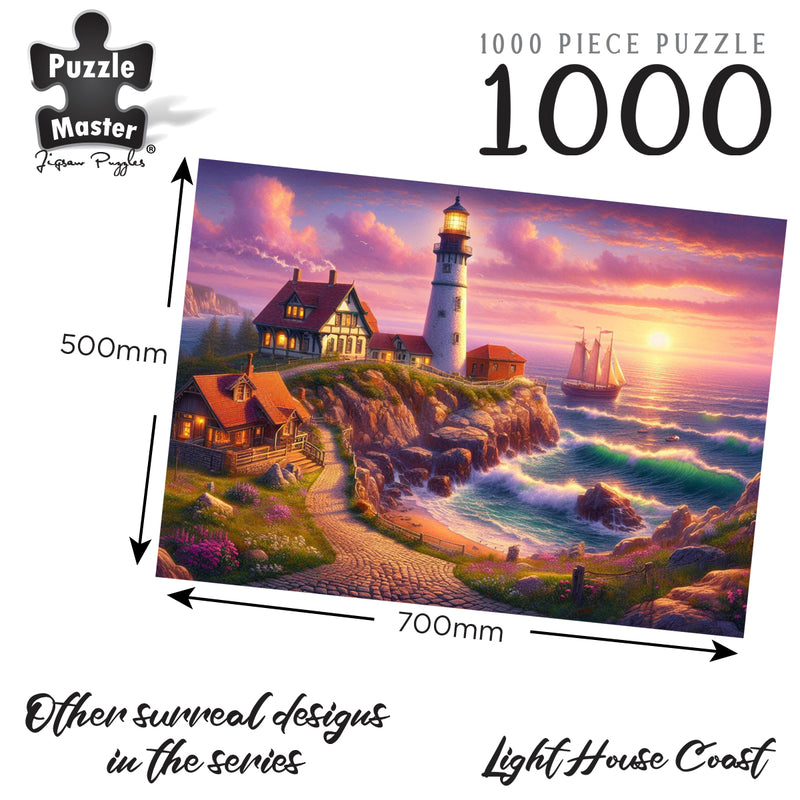 Load image into Gallery viewer, Promotional graphic showing a 1000-piece coastal lighthouse jigsaw puzzle with 700mm by 500mm dimension markers.