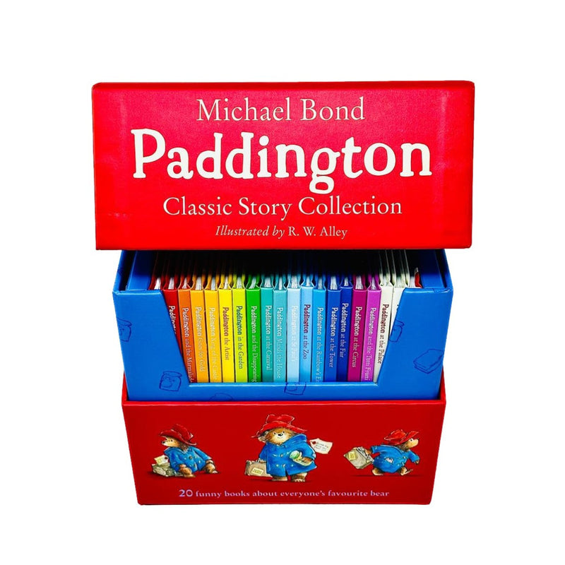 Load image into Gallery viewer, Paddington Classic Story Collection red box set containing 20 colourful children's paperback books.