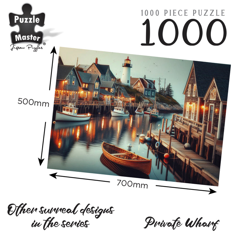 Load image into Gallery viewer, Graphic showing the 1000-piece Puzzle Master Private Wharf jigsaw puzzle with dimensions 700mm by 500mm.