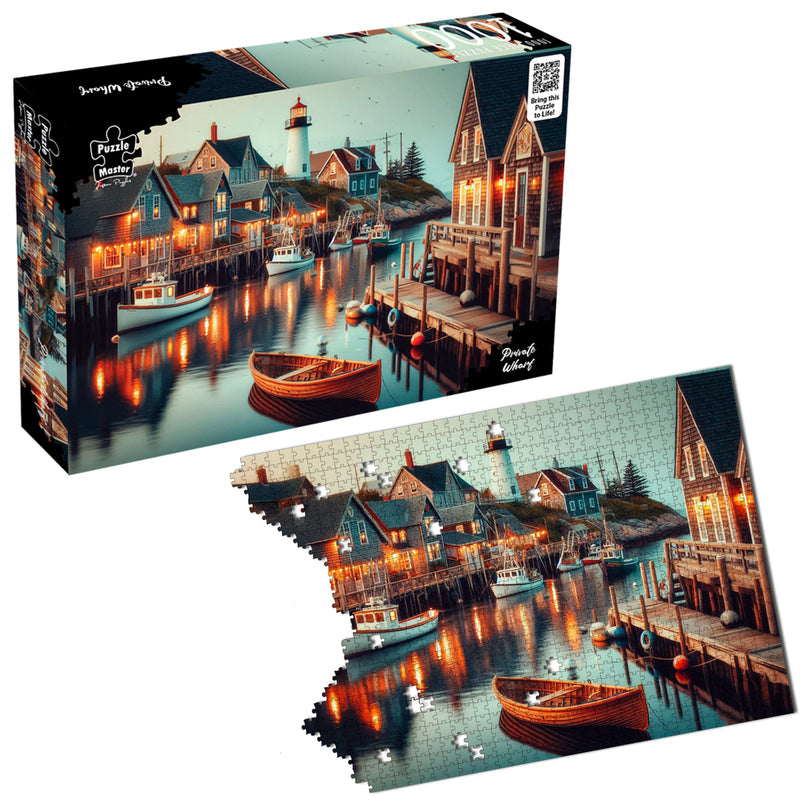 Load image into Gallery viewer, Puzzle Master Private Wharf 1000-piece jigsaw puzzle box alongside a partially completed puzzle of a coastal wharf at dusk.