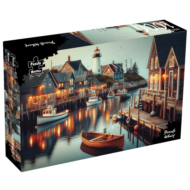 Load image into Gallery viewer, Puzzle Master Private Wharf 1000 piece jigsaw puzzle box showing a coastal harbour scene at dusk with illuminated cottages and boats.