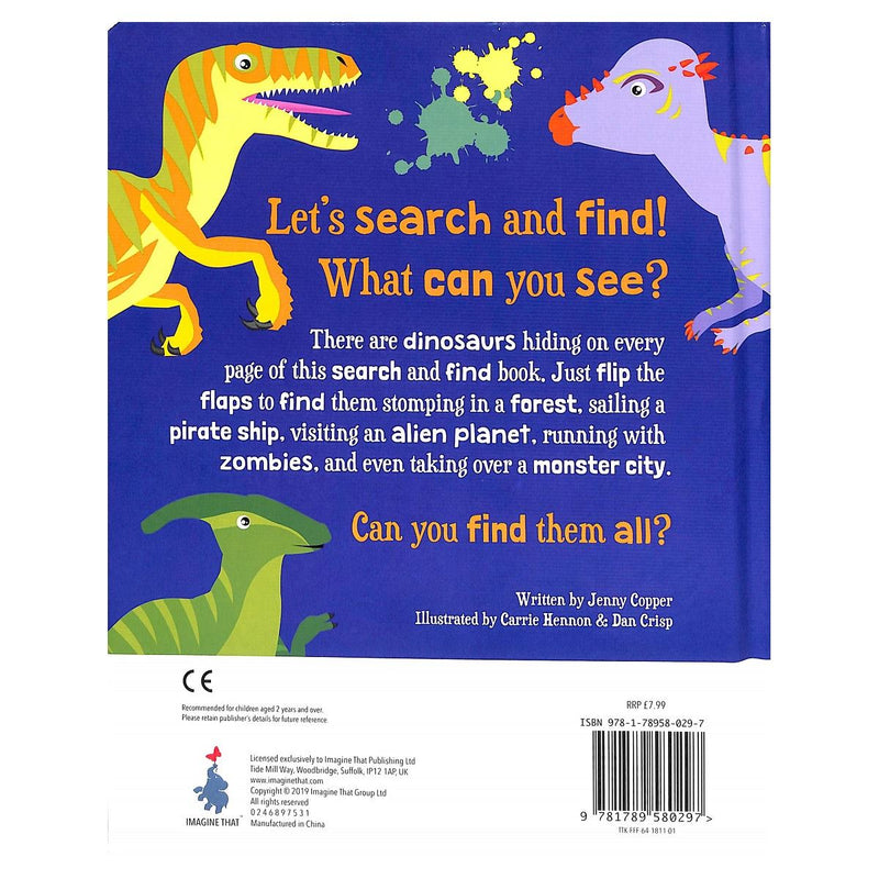 Load image into Gallery viewer, Back cover of Too Many Dinosaurs, Pirates & Monsters showing dinosaur illustrations and search and find book description