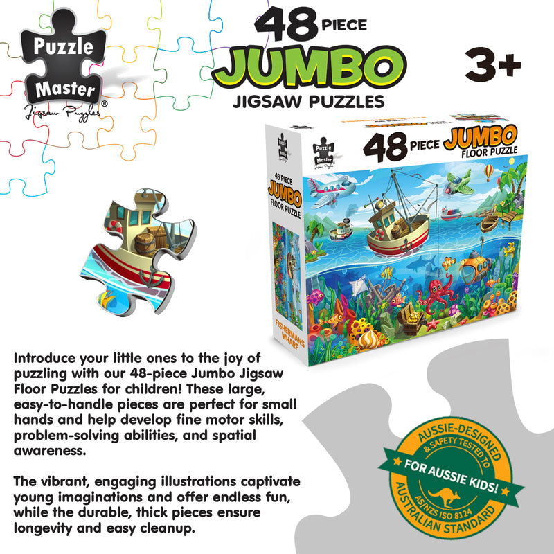 Load image into Gallery viewer, Puzzle Master 48 Piece Jumbo Floor Puzzle Fisherman's Wharf packaging box and feature callouts.
