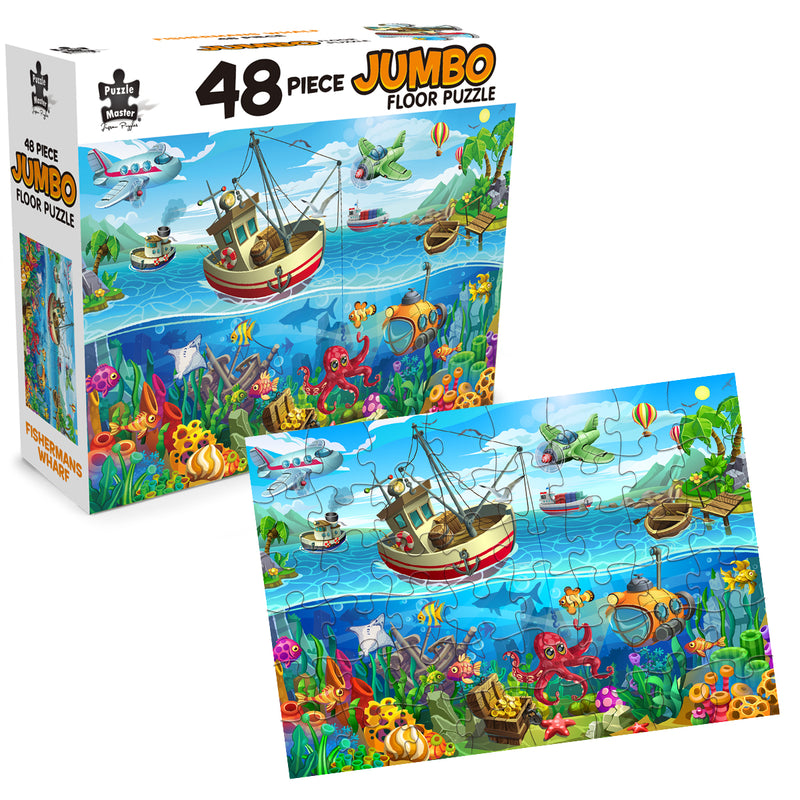 Load image into Gallery viewer, Puzzle Master 48-piece jumbo floor puzzle depicting Fisherman's Wharf with colourful sea life and boats, shown alongside its packaging box.
