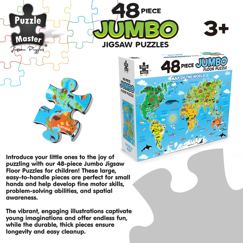 Load image into Gallery viewer, Promotional graphic featuring the box and a sample piece from the Puzzle Master 48-piece Jumbo Floor Puzzle Map of the World.
