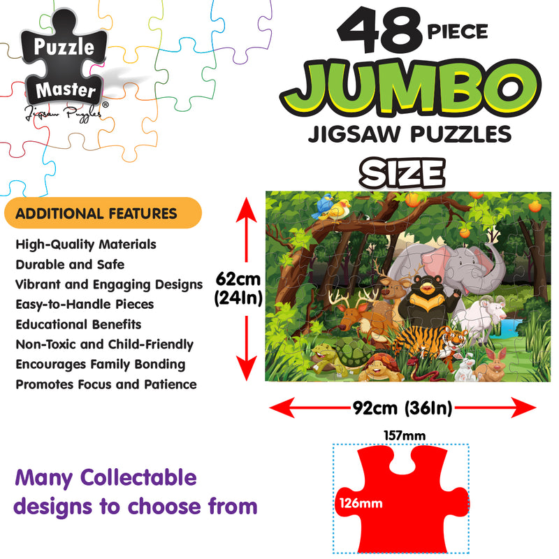 Load image into Gallery viewer, Puzzle Master 48 piece jumbo jigsaw puzzle size diagram showing completed puzzle dimensions of 92cm by 62cm alongside individual piece dimensions of 157mm by 126mm.

