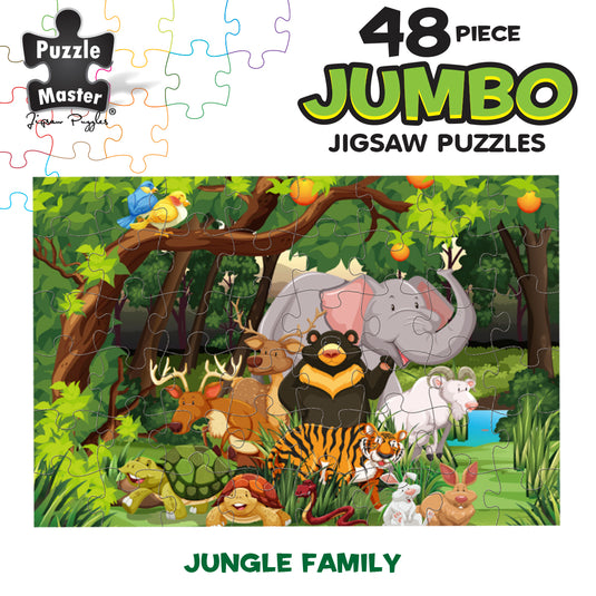 Graphic layout of the Puzzle Master 48-piece jumbo jigsaw puzzle featuring an illustrated jungle scene with various animals.