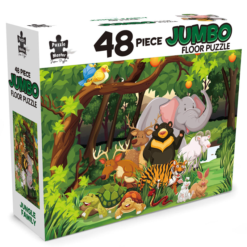 Load image into Gallery viewer, Retail box for the Puzzle Master 48 Piece Jumbo Floor Puzzle Jungle Family featuring an illustration of colourful cartoon jungle animals.
