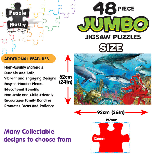 Infographic showing dimensions and features of the Puzzle Master 48-piece jumbo jigsaw puzzle featuring an underwater scene.