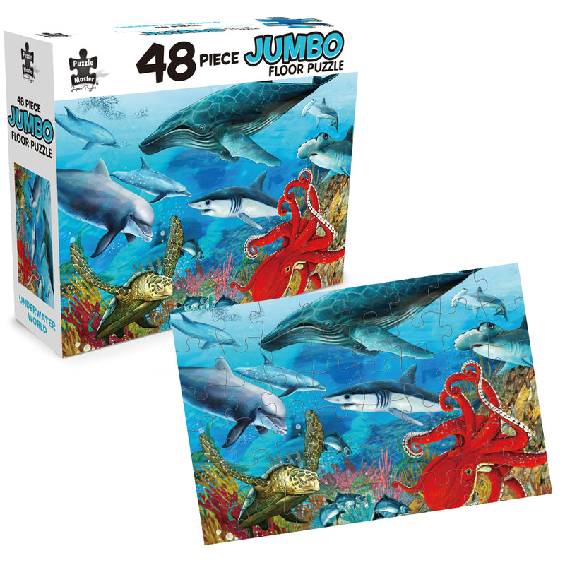 Load image into Gallery viewer, Puzzle Master 48 Piece Jumbo Floor Puzzle Underwater World box and completed jigsaw puzzle depicting marine wildlife.
