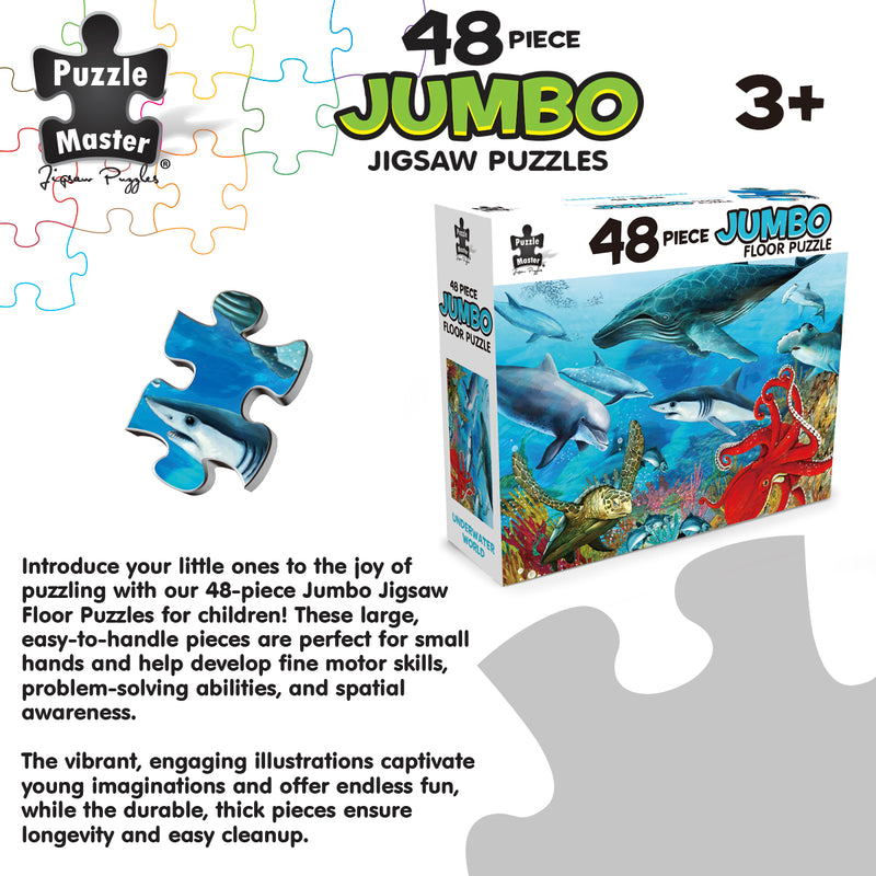 Load image into Gallery viewer, Product graphic for Puzzle Master 48-piece Jumbo Floor Puzzle Underwater World, displaying the product box, an individual puzzle piece, and descriptive text.
