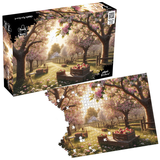 Puzzle Master Apple Orchard jigsaw puzzle box set alongside an in-progress jigsaw puzzle showing an orchard in blossom with crates of apples.