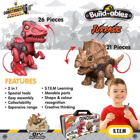 Feature panel showing dinosaur piece counts, moving parts, and build highlights