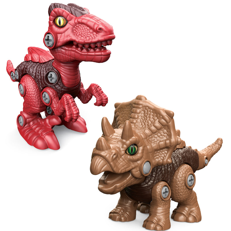 Load image into Gallery viewer, Completed red raptor and brown triceratops dinosaur toys standing side by side
