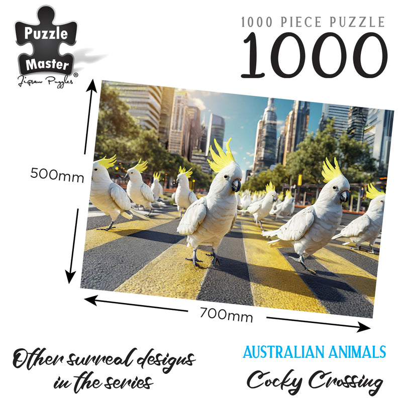 Load image into Gallery viewer, Puzzle Master 1000-piece puzzle titled Cocky Crossing showing cockatoos on a pedestrian crossing with 500mm by 700mm dimension markers.
