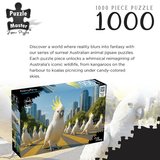 Puzzle Master Cocky Crossing 1000-piece jigsaw puzzle box display with surreal cockatoo artwork and promotional text.