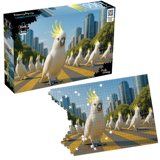 Puzzle Master Cocky Crossing 1000-piece jigsaw puzzle box and matching assembled puzzle showing cockatoos walking across a city crosswalk.