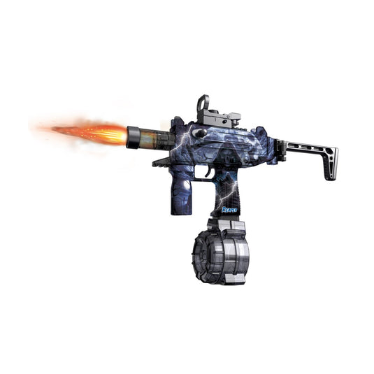 Blue and black reaper themed toy blaster with drum magazine, stock, and simulated muzzle flash on a white background.