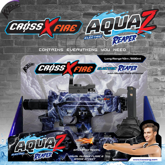 Retail display packaging for the Kazaang Cross X Fire AquaZ Electric Reaper toy water blaster against a grey brick wall background.