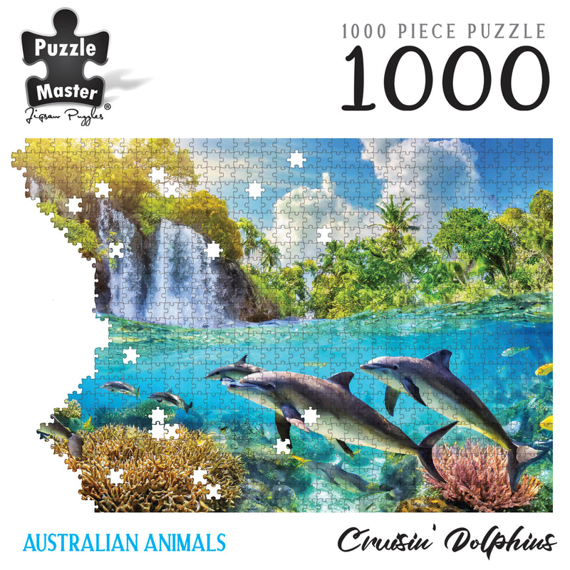 Load image into Gallery viewer, Puzzle Master Australian Animals Cruisin' Dolphins 1000 piece puzzle graphic with dolphins underwater and a tropical waterfall

