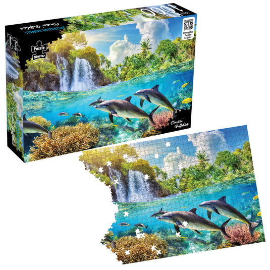 Puzzle Master Cruisin' Dolphins 1000-piece jigsaw puzzle box alongside a partially assembled puzzle showing dolphins beneath a tropical waterfall.
