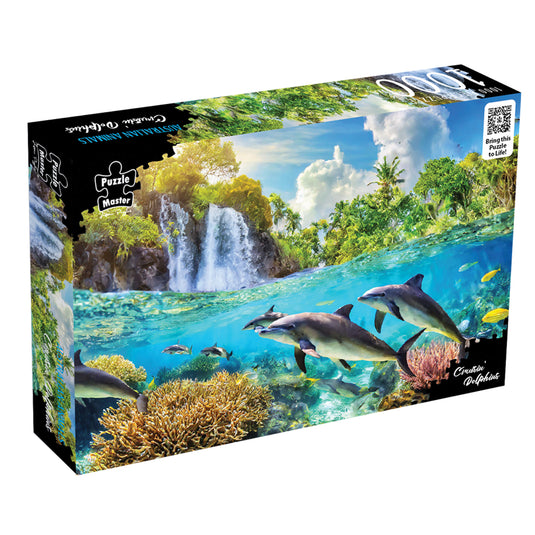 Box packaging for the Puzzle Master Australian Animals Cruisin' Dolphins jigsaw puzzle featuring dolphins swimming below a tropical waterfall.