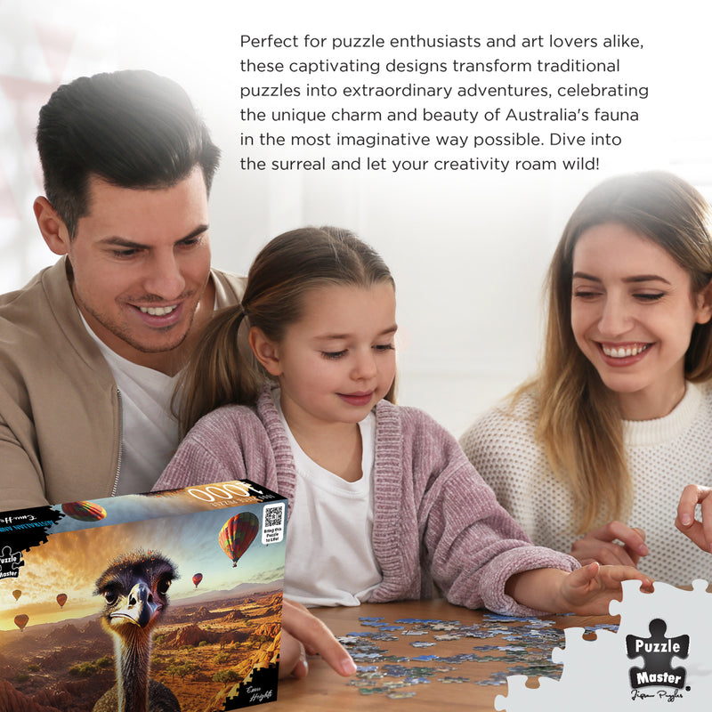 Load image into Gallery viewer, A family enjoying assembling a jigsaw puzzle together at a table, featuring the Emu Heights puzzle box by Puzzle Master.
