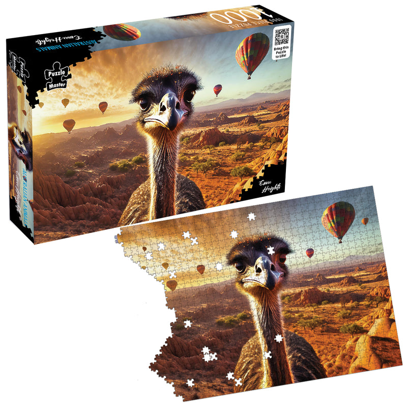 Load image into Gallery viewer, Puzzle Master Australian Animals Emu Heights jigsaw puzzle box displayed next to a partially assembled jigsaw showing an emu and hot air balloons over outback terrain.
