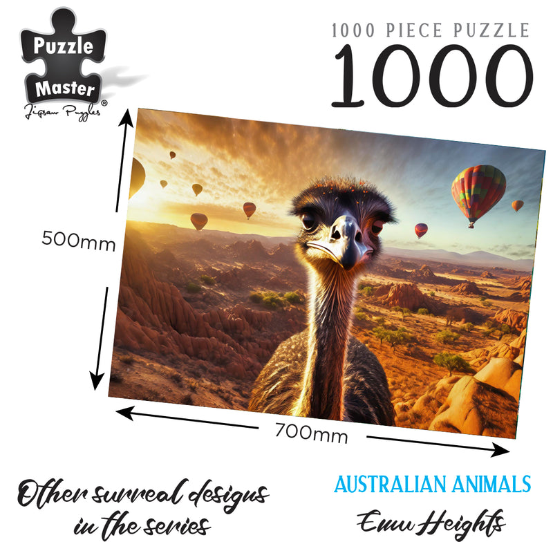 Load image into Gallery viewer, Graphic of Puzzle Master Emu Heights 1000-piece jigsaw puzzle featuring an emu portrait with hot air balloons over an outback landscape, marked at 700mm by 500mm.
