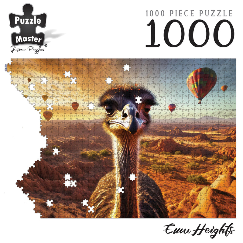 Load image into Gallery viewer, Puzzle Master 1000 piece Emu Heights jigsaw puzzle featuring a close-up emu in an outback landscape with hot air balloons.
