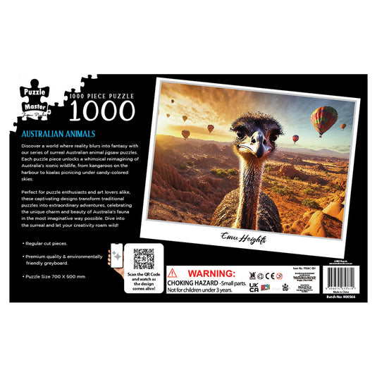 Back of the box for the Puzzle Master 1000 Piece Australian Animals Emu Heights jigsaw puzzle showing artwork of an emu with hot air balloons in a canyon.