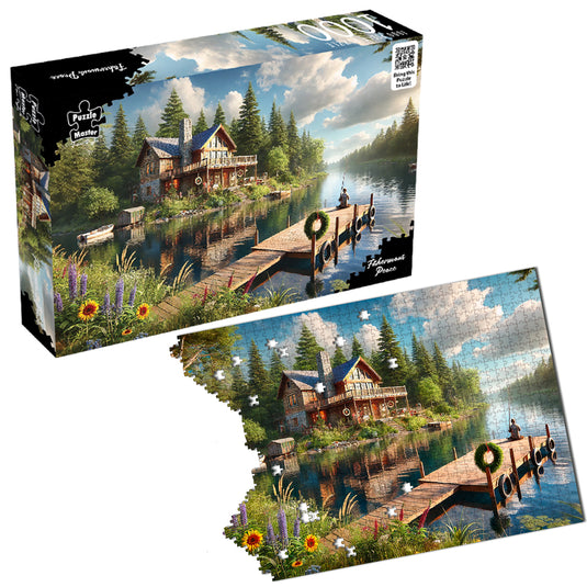 Puzzle Master Fisherman's Peace jigsaw puzzle box displayed next to the colourful lake cabin jigsaw puzzle layout.