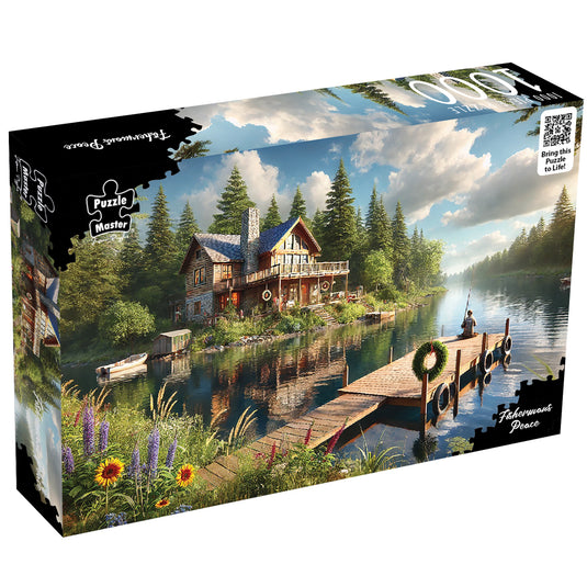 Angled view of the Puzzle Master Fisherman's Peace 1000-piece jigsaw puzzle box featuring a lakeside cabin scene.