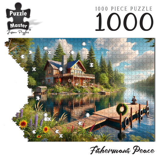 Fishermans Peace 1000-piece jigsaw puzzle artwork by Puzzle Master depicting a rustic lakeside cabin and a person fishing from a wooden jetty.