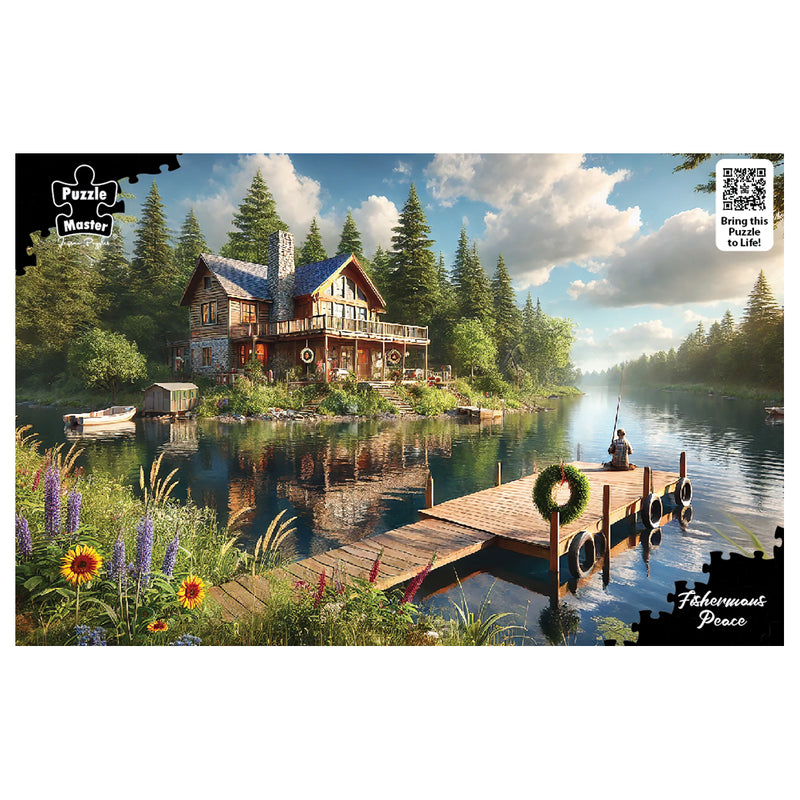 Load image into Gallery viewer, Puzzle Master Fisherman's Peace jigsaw puzzle illustration of a rustic wooden cabin by a serene lake with a fisherman on a jetty
