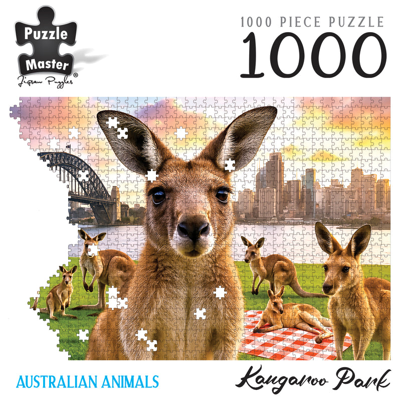 Load image into Gallery viewer, Puzzle Master 1000 piece Kangaroo Park jigsaw puzzle graphic featuring kangaroos against the Sydney Harbour Bridge and city skyline.
