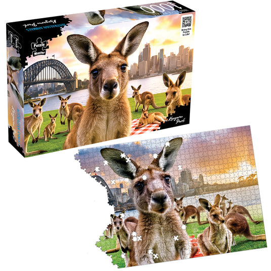 Puzzle Master 1000-piece Australian Animals Kangaroo Park puzzle box shown with the partially assembled jigsaw puzzle against a white background.