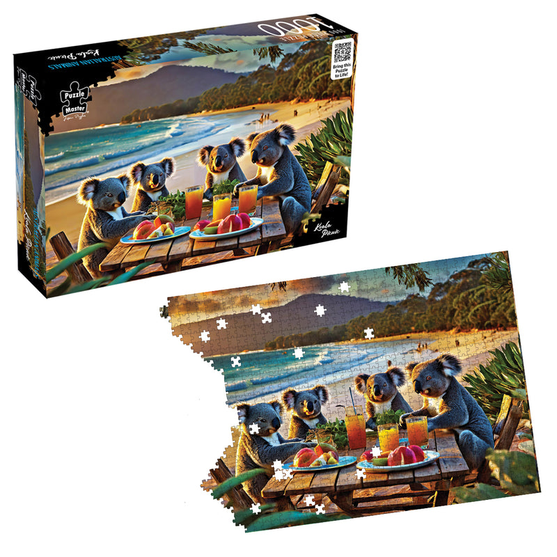 Load image into Gallery viewer, Puzzle Master 1000-piece Koala Picnic jigsaw puzzle box alongside a partially completed puzzle depicting koalas having a picnic on a beach.
