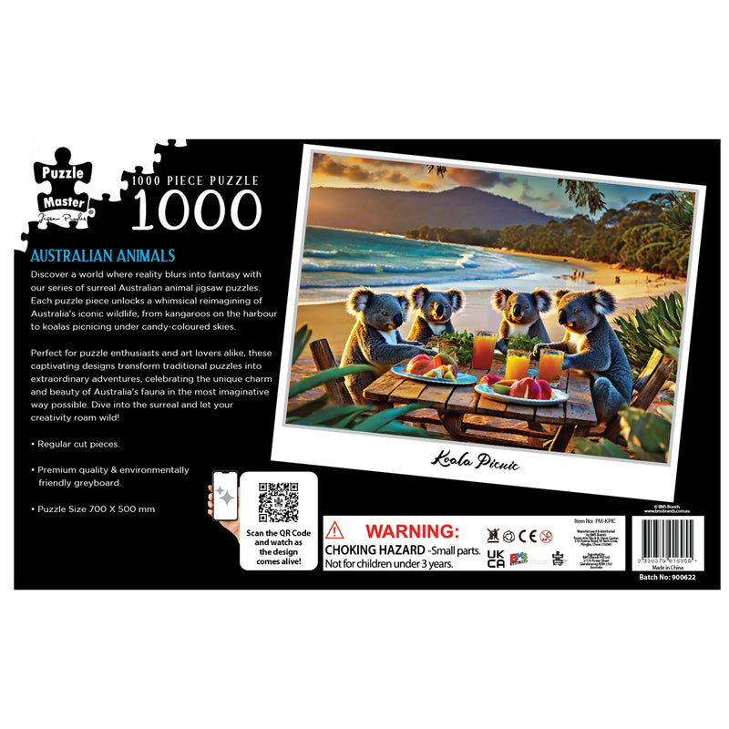 Load image into Gallery viewer, Back of a 1000 piece Puzzle Master jigsaw puzzle box featuring the 'Koala Picnic' artwork with four koalas at a beachside picnic table.
