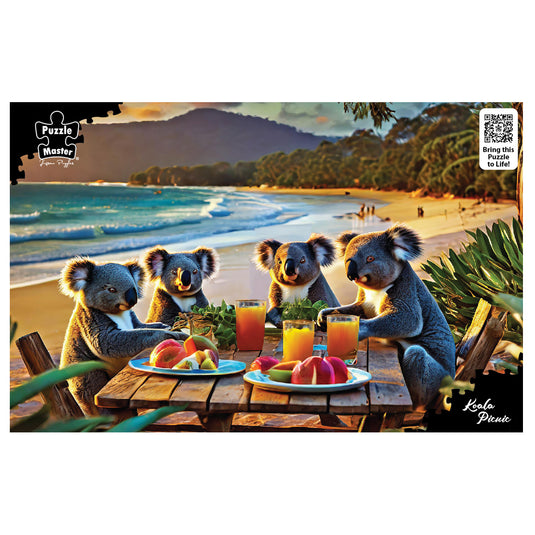 Four koalas having a picnic with fresh fruit and juice at a timber table on an ocean beach at sunset.