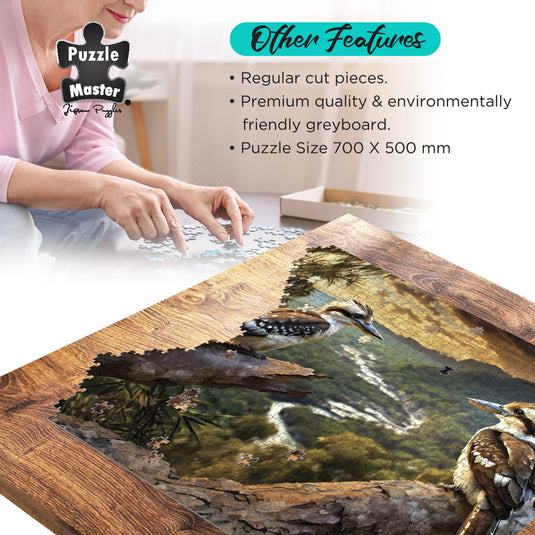 Puzzle Master feature overview showing an assembling jigsaw puzzle of kookaburras on a wooden table with product specifications listed.