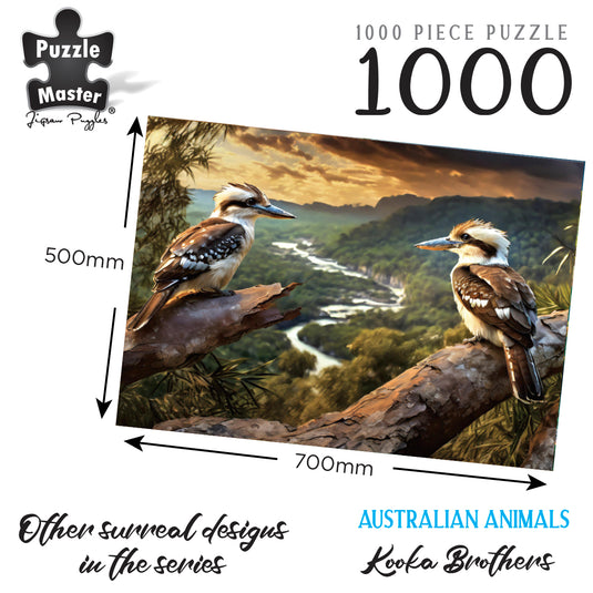 Puzzle Master 1000 piece jigsaw puzzle titled Kooka Brothers showing dimensions 500mm by 700mm and two kookaburras in a river landscape.