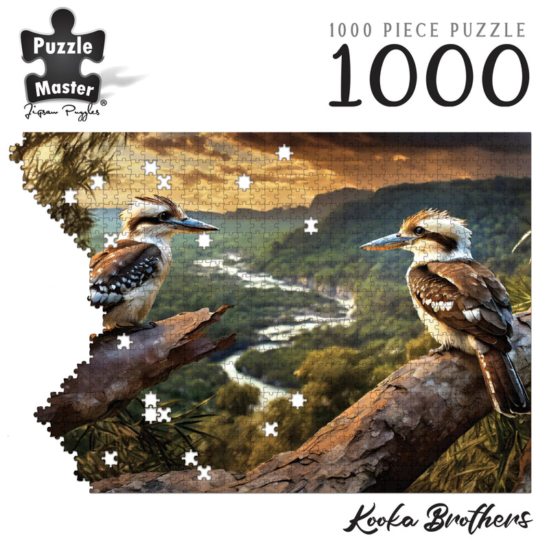 Load image into Gallery viewer, Puzzle Master 1000 piece jigsaw puzzle titled Kooka Brothers showing two kookaburras perched above a valley view.
