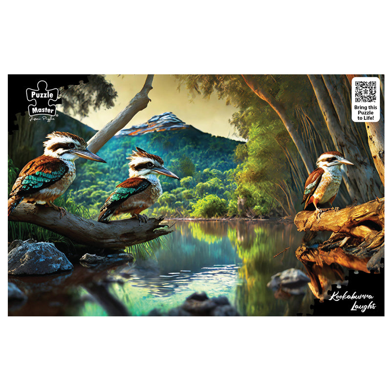 Load image into Gallery viewer, Front box artwork of the Puzzle Master Kookaburra Laughs jigsaw puzzle featuring three kookaburras perched by an Australian riverbank.
