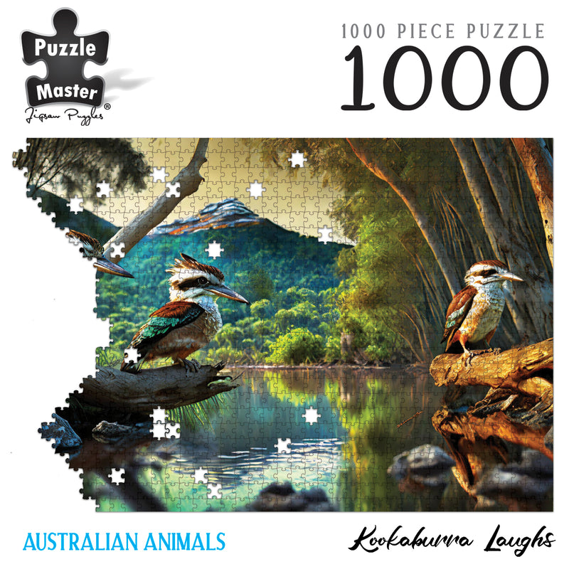 Load image into Gallery viewer, Puzzle Master 1000 piece jigsaw puzzle preview featuring kookaburras by a river titled Kookaburra Laughs.

