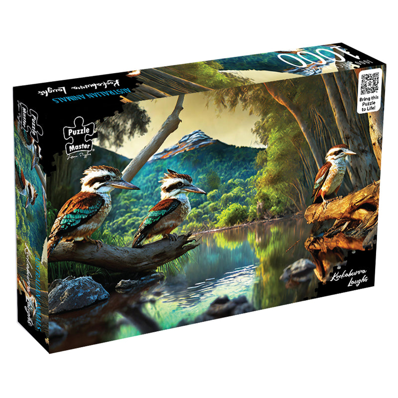 Load image into Gallery viewer, Packaging box for the Puzzle Master Australian Animals Kookaburra Laughs 1000-piece jigsaw puzzle.
