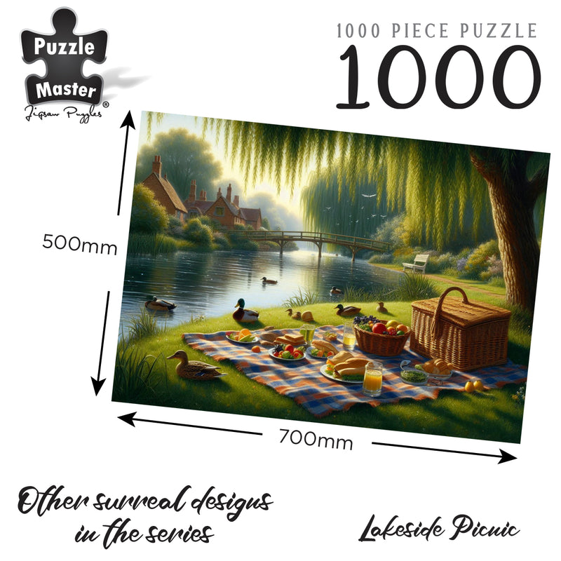 Load image into Gallery viewer, Promotional graphic showing dimensions (700mm by 500mm) of the 1000-piece Puzzle Master Lakeside Picnic jigsaw puzzle.
