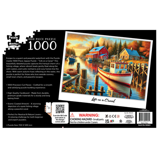 Back cover of Puzzle Master 1000-piece jigsaw puzzle box showing features, specifications, and Life on a Canal coastal boat painting.