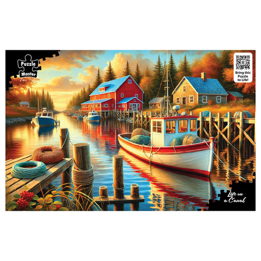 Puzzle Master 1000-piece jigsaw puzzle titled Life on a Canal depicting fishing boats docked by rustic red waterside buildings during sunset.